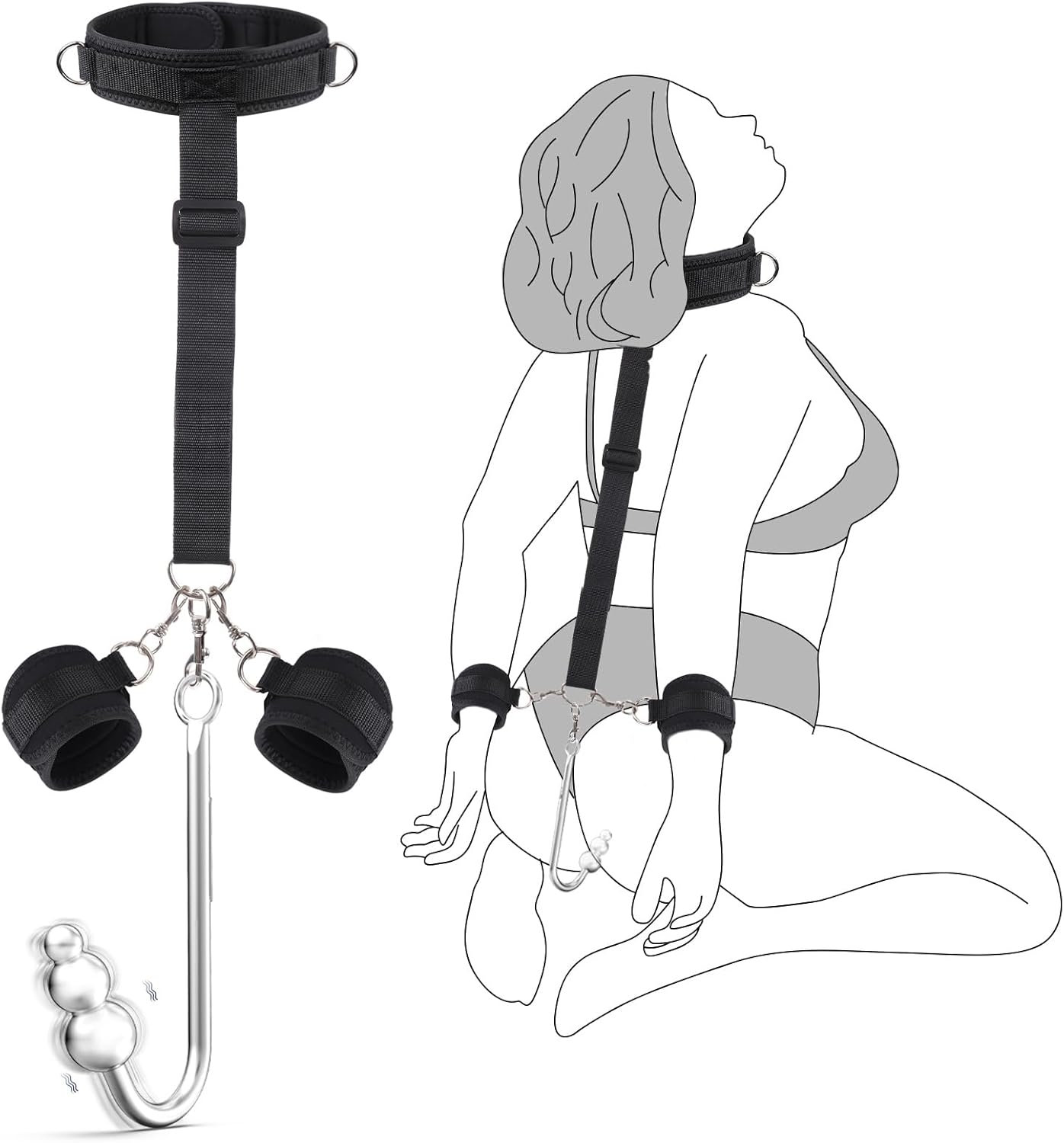 Vibrating Anal Hook BDSM Sex Bondage - Neck to Wrist Restraints Kit