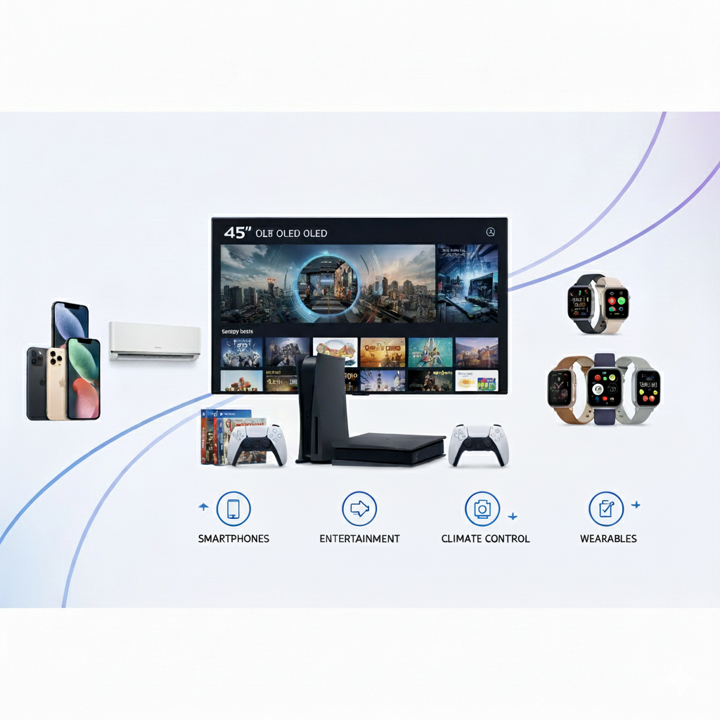 Collection of electronic devices including a TV, smartphones, gaming console, and smartwatches on a white background.