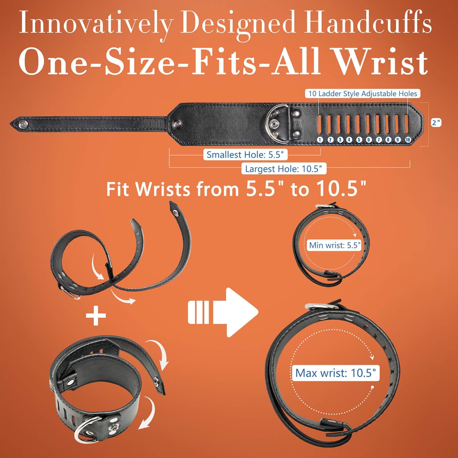 Innovatively designed handcuffs with adjustable holes on an orange background